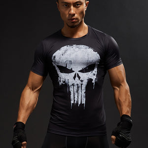 the Punisher running shirt Men's sportswear Stretch tight T-shirt High elasticity Short sleeve 3D painting gym shirts boby build