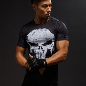 the Punisher running shirt Men's sportswear Stretch tight T-shirt High elasticity Short sleeve 3D painting gym shirts boby build